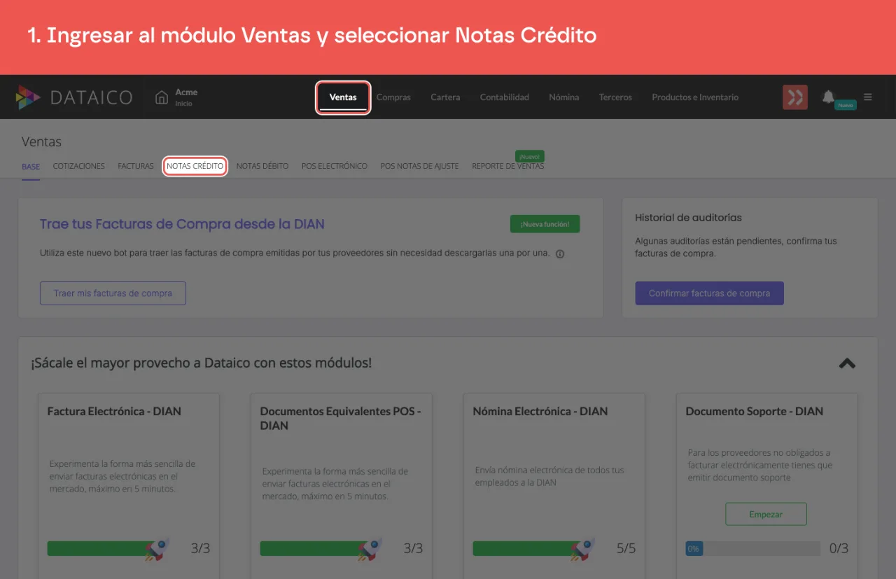 La pestaña Ventas del menú principal y la pestaña Notas Crédito