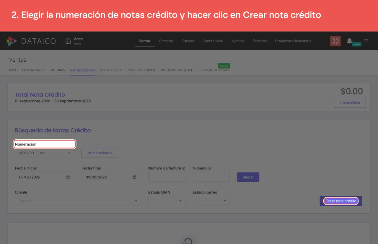 El selector de numeración de notas crédito y el botón que abre una nueva