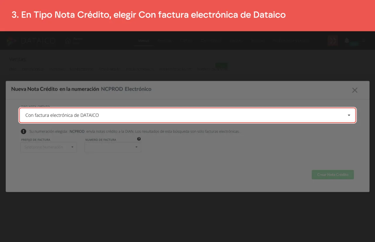 El selector de tipo de nota crédito, con la opción de factura electrónica de Dataico
