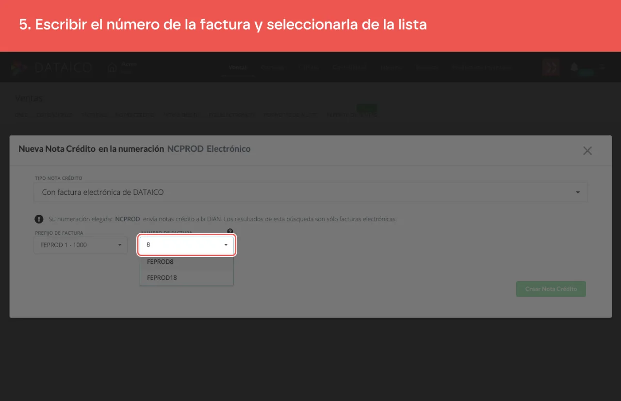 El buscador del número de factura, con la factura aceptada en la lista