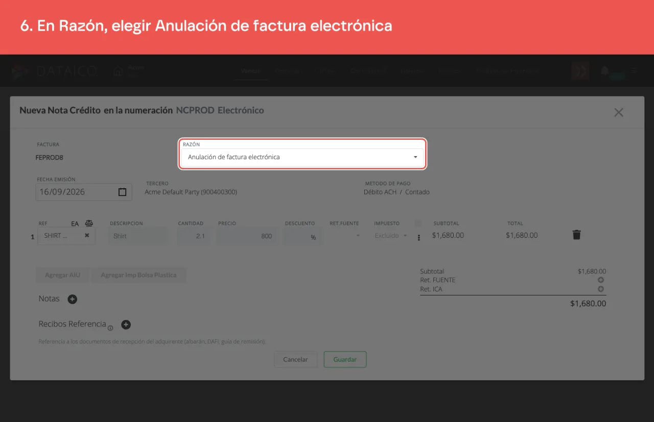 El selector de razón de la nota crédito