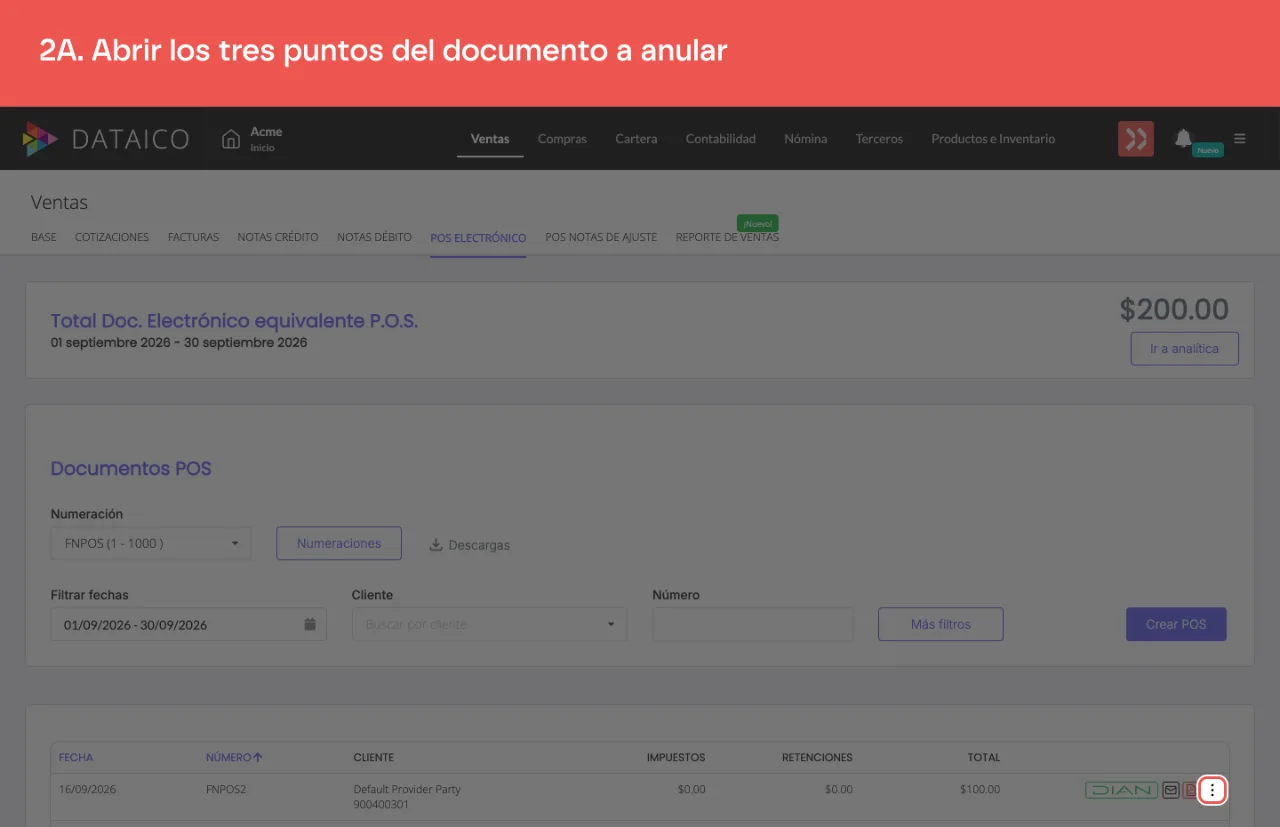 El menú de acciones del documento POS aceptado