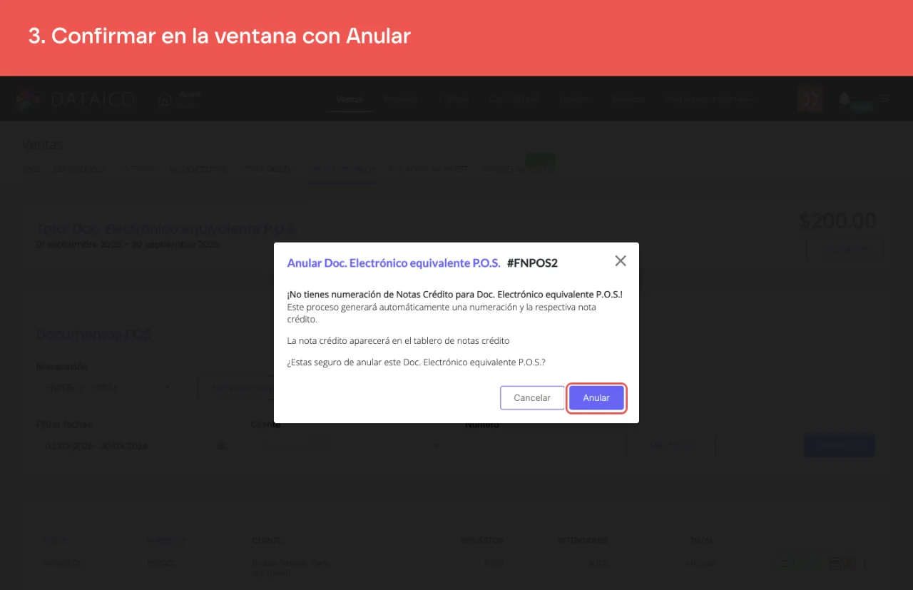 La ventana que confirma la anulación del documento POS