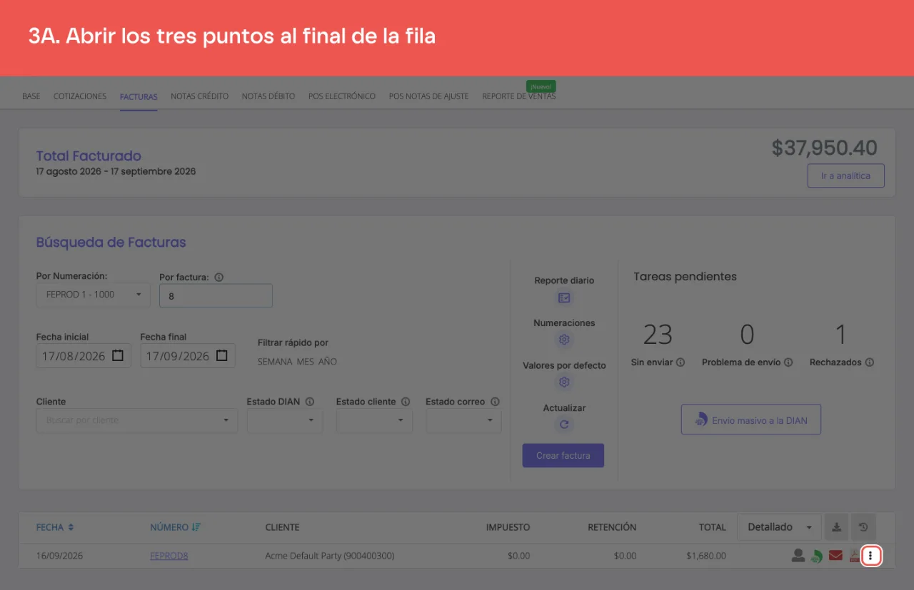 El menú de tres puntos de la fila de la factura