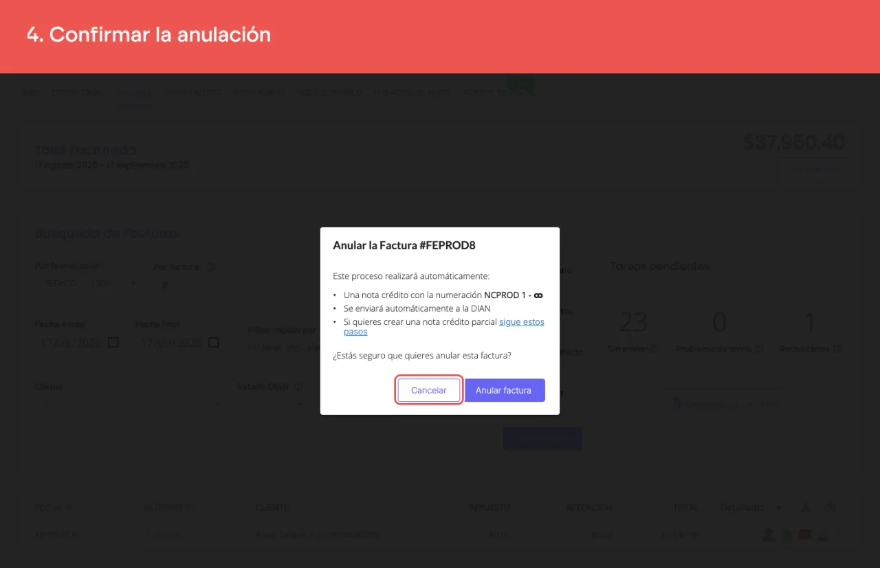El mensaje que confirma la anulación de la factura