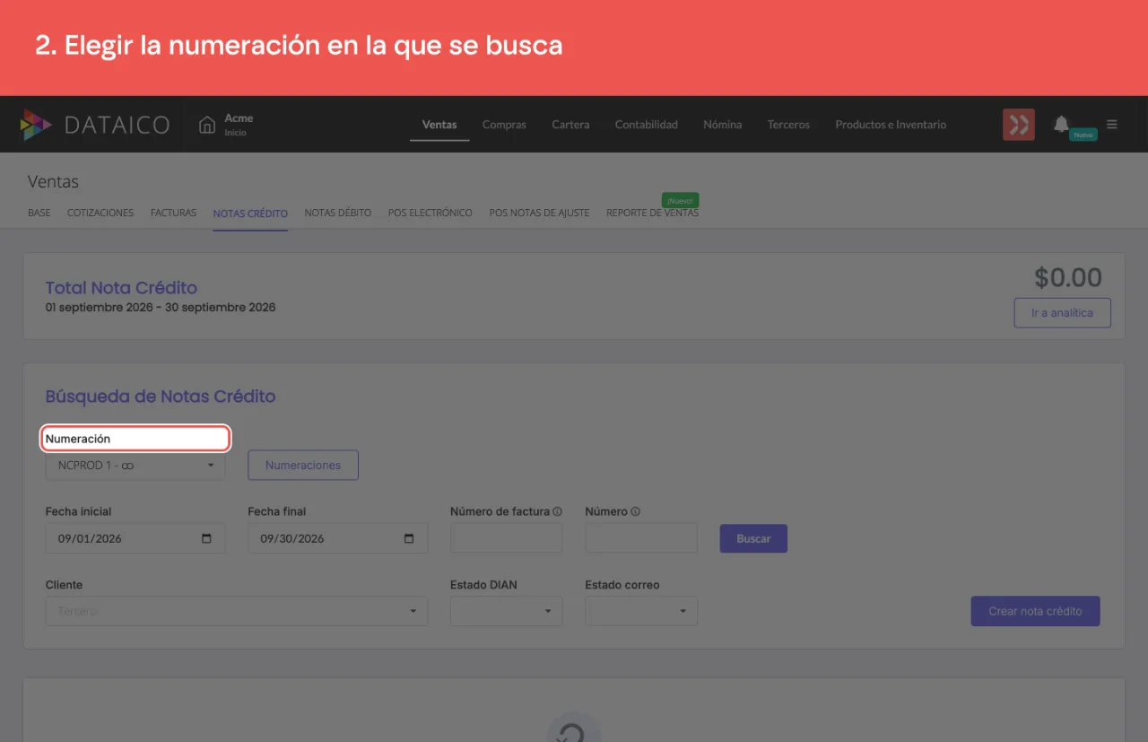 El selector de numeración del listado de notas crédito