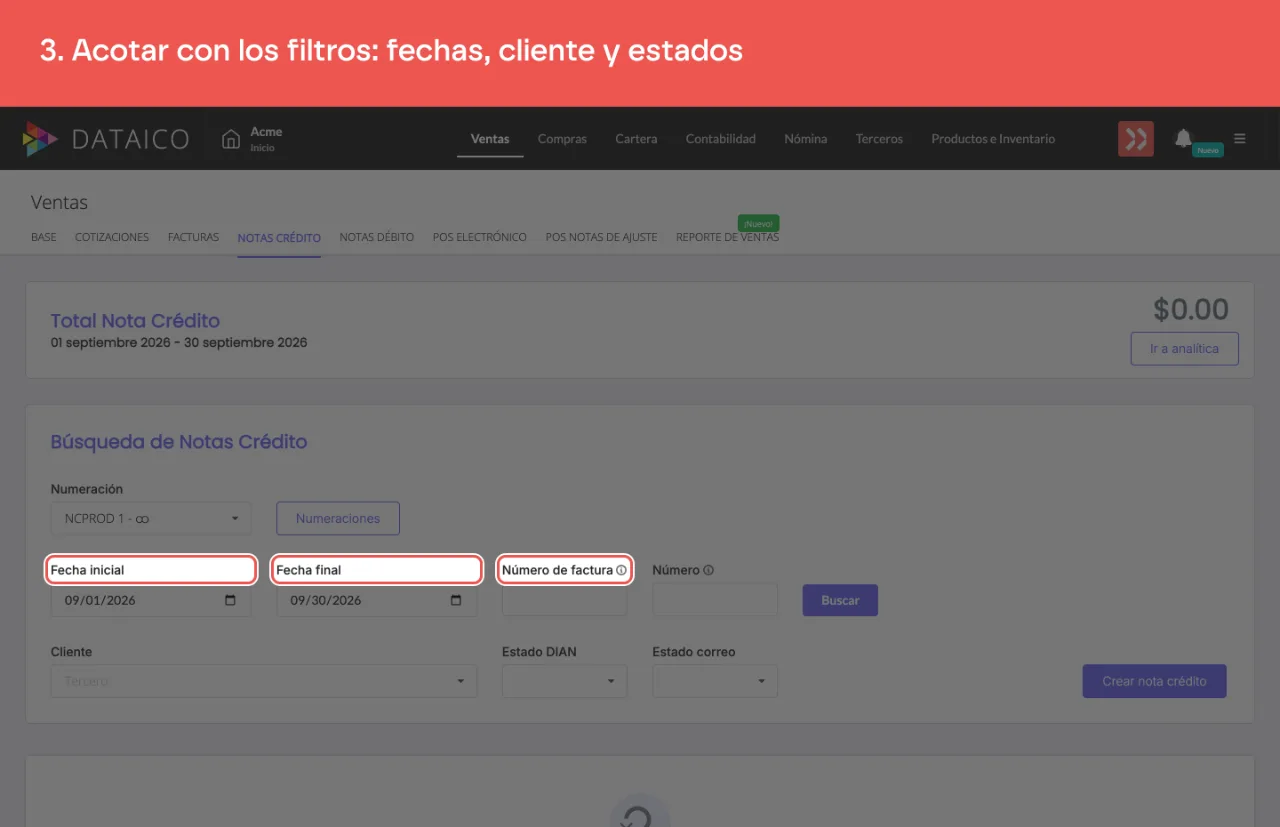 Los filtros del listado de notas crédito