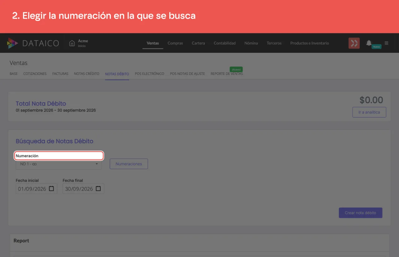 El selector de numeración del listado de notas débito