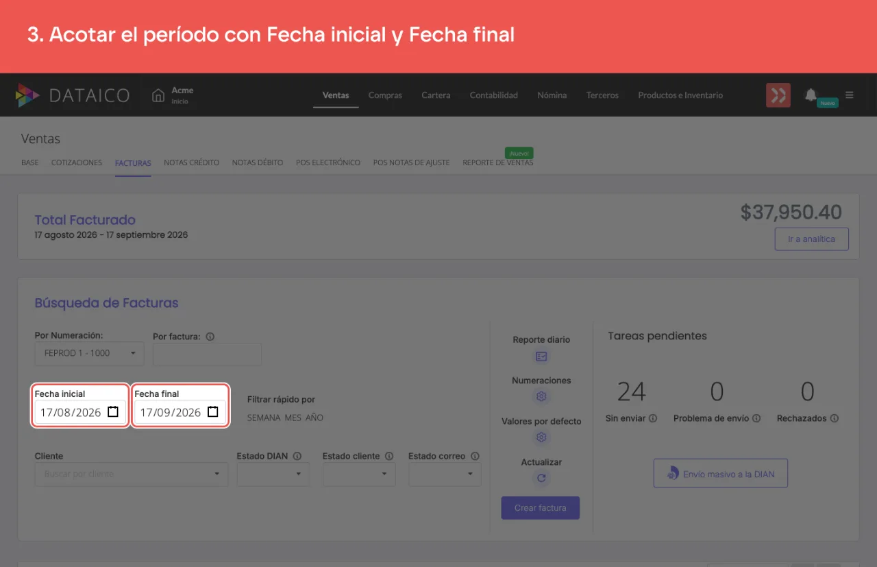 Los campos de fecha inicial y fecha final del listado