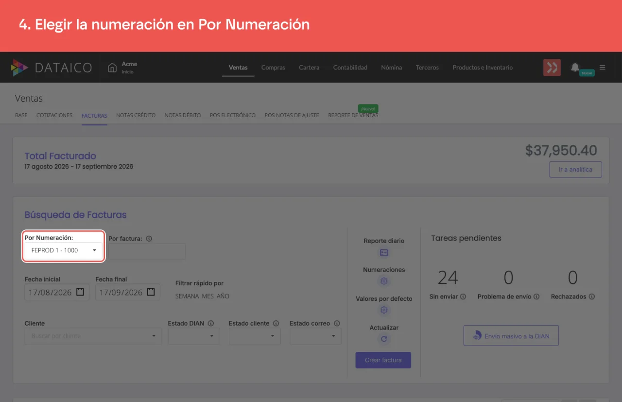 El selector Por Numeración, que muestra el listado completo de una numeración
