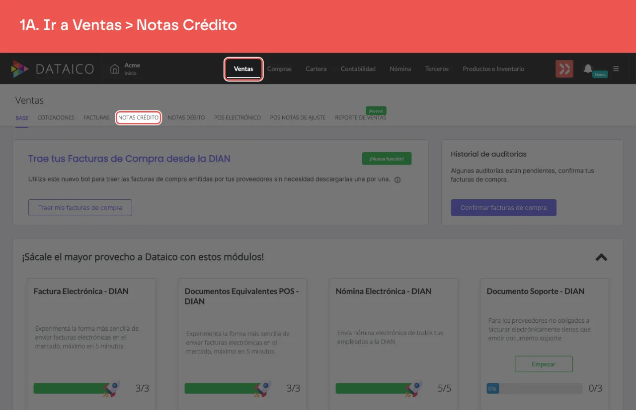 La pestaña Ventas del menú principal y la subpestaña Notas Crédito