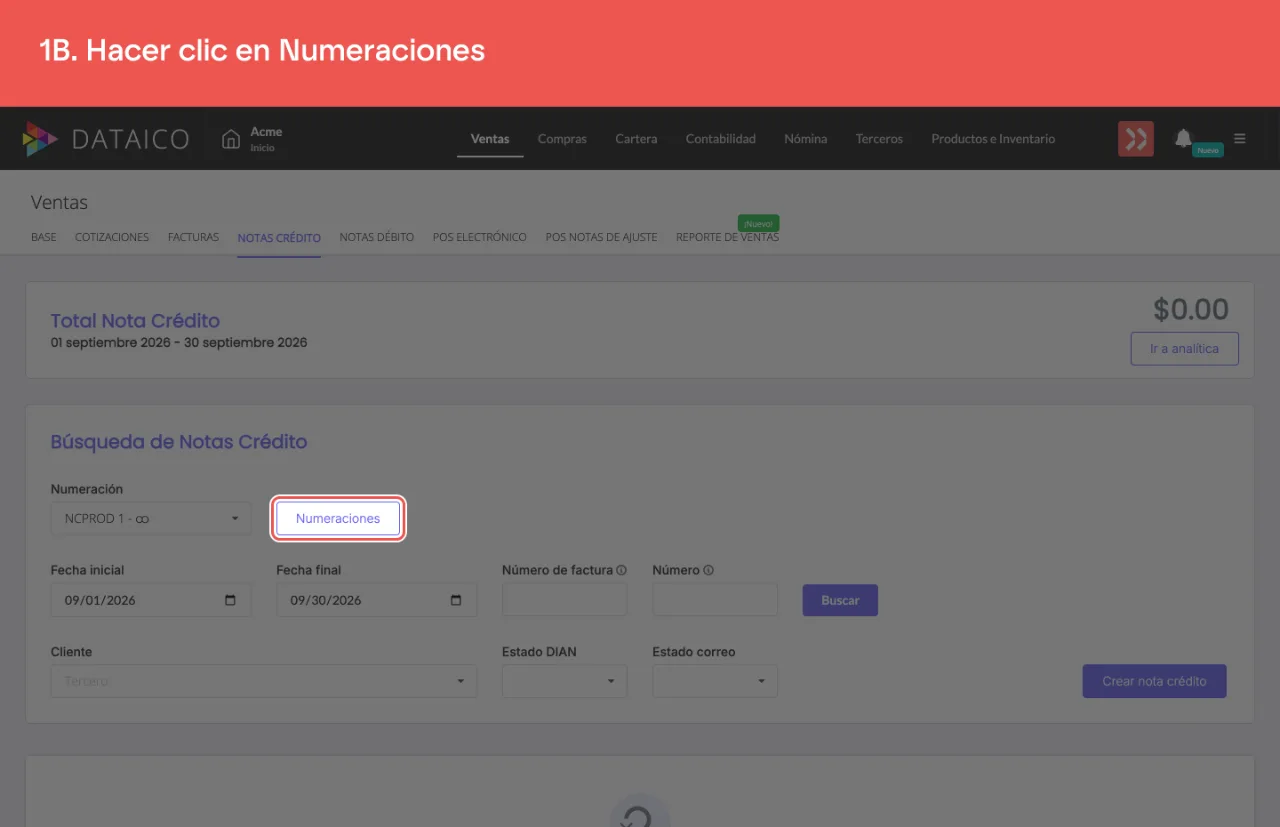 El botón Numeraciones del listado de notas crédito