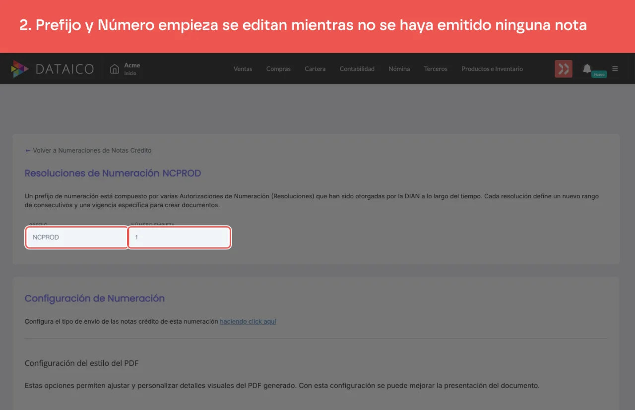El formulario de la numeración de notas crédito, con los campos Prefijo y Número empieza editables