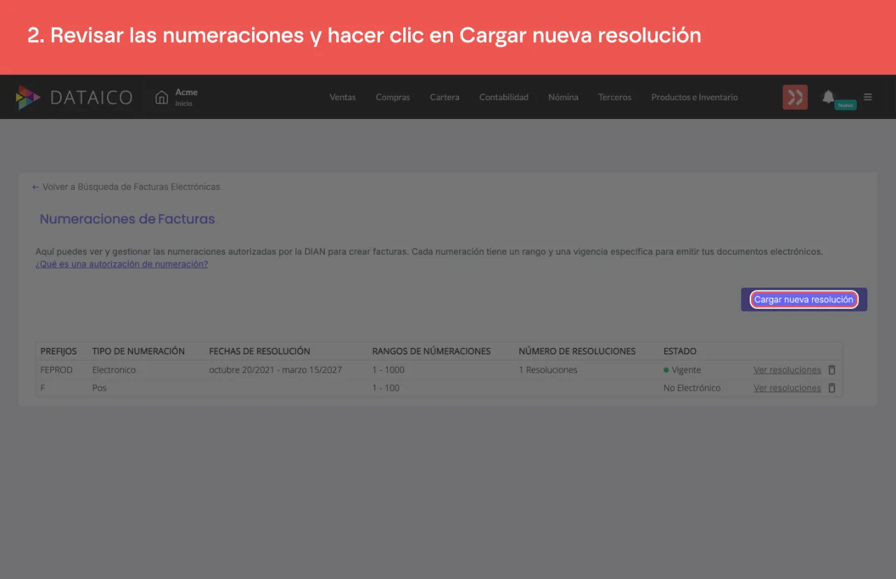 El botón Cargar nueva resolución, sobre el listado de numeraciones registradas