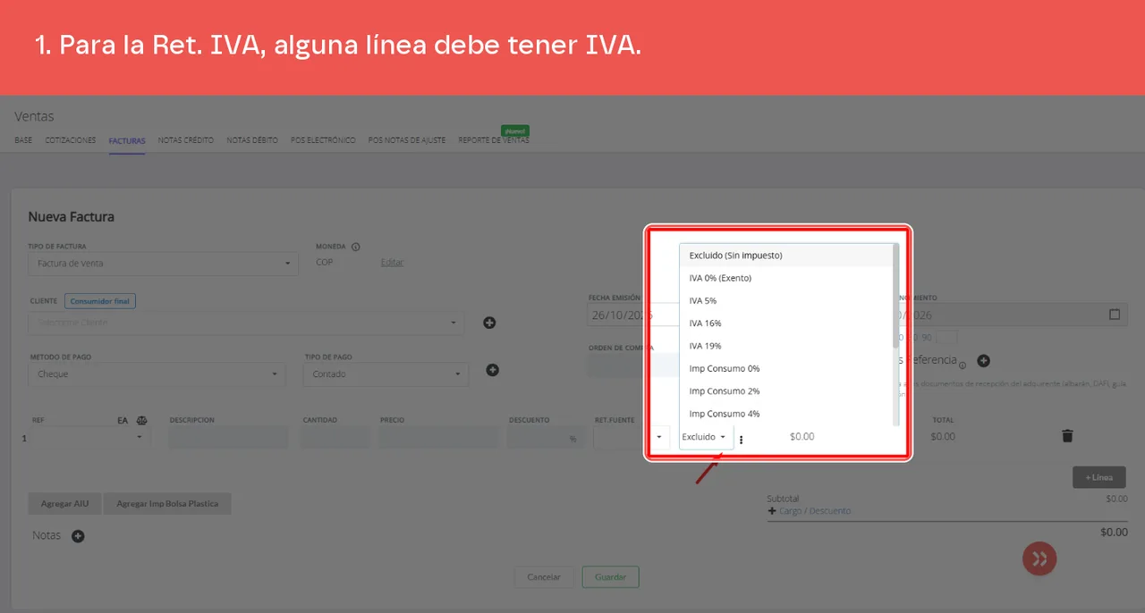 El selector de la columna IMPUESTO de una línea, con las tarifas de IVA