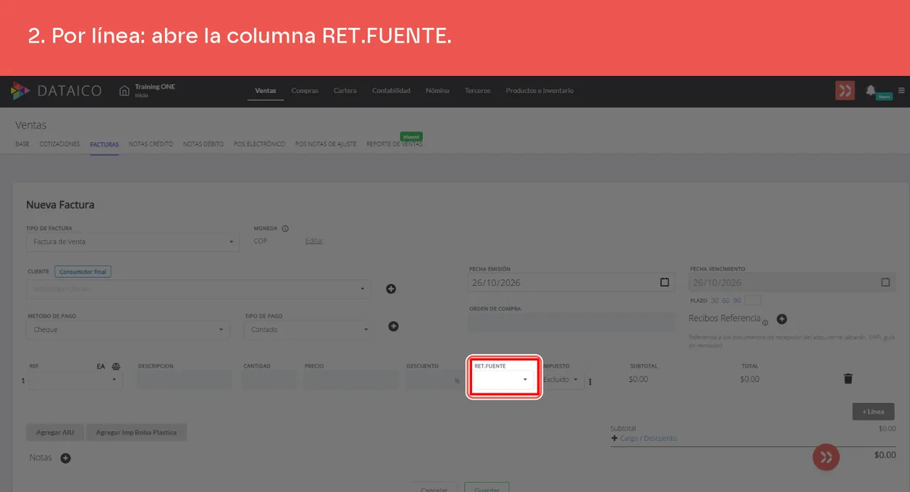 La columna RET.FUENTE de la línea de la factura