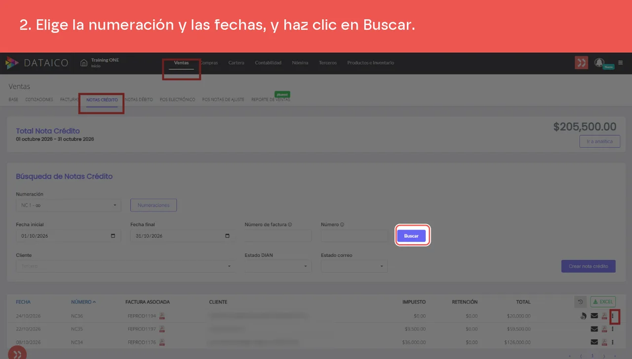 Los filtros de Búsqueda de Notas Crédito y el botón Buscar