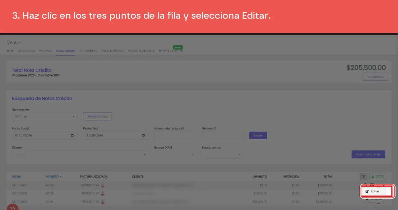 La opción Editar en el menú de tres puntos de la fila de la Nota Crédito