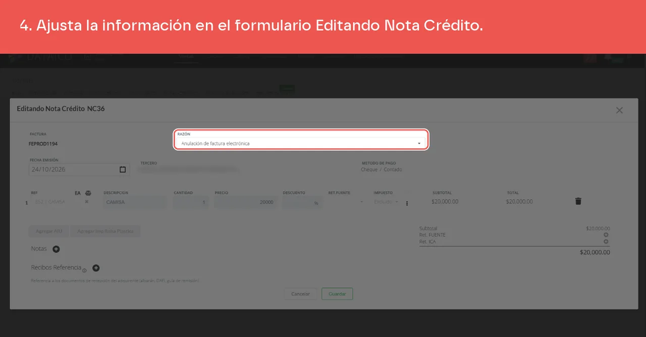 El formulario Editando Nota Crédito con la razón, la fecha de emisión y las líneas de la nota