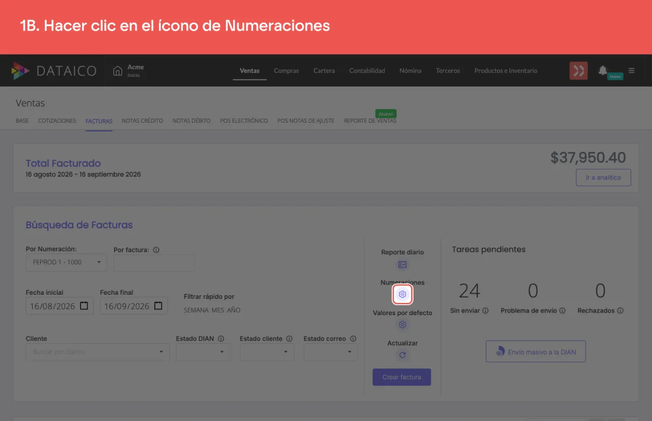 El ícono de tuerca de Numeraciones, en el panel derecho del listado