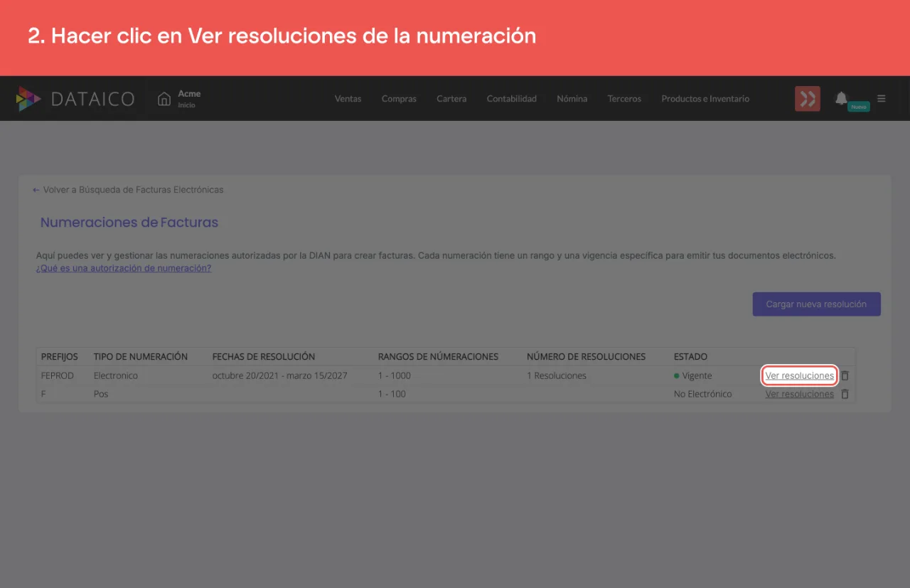 La acción Ver resoluciones de la numeración, en el listado de numeraciones
