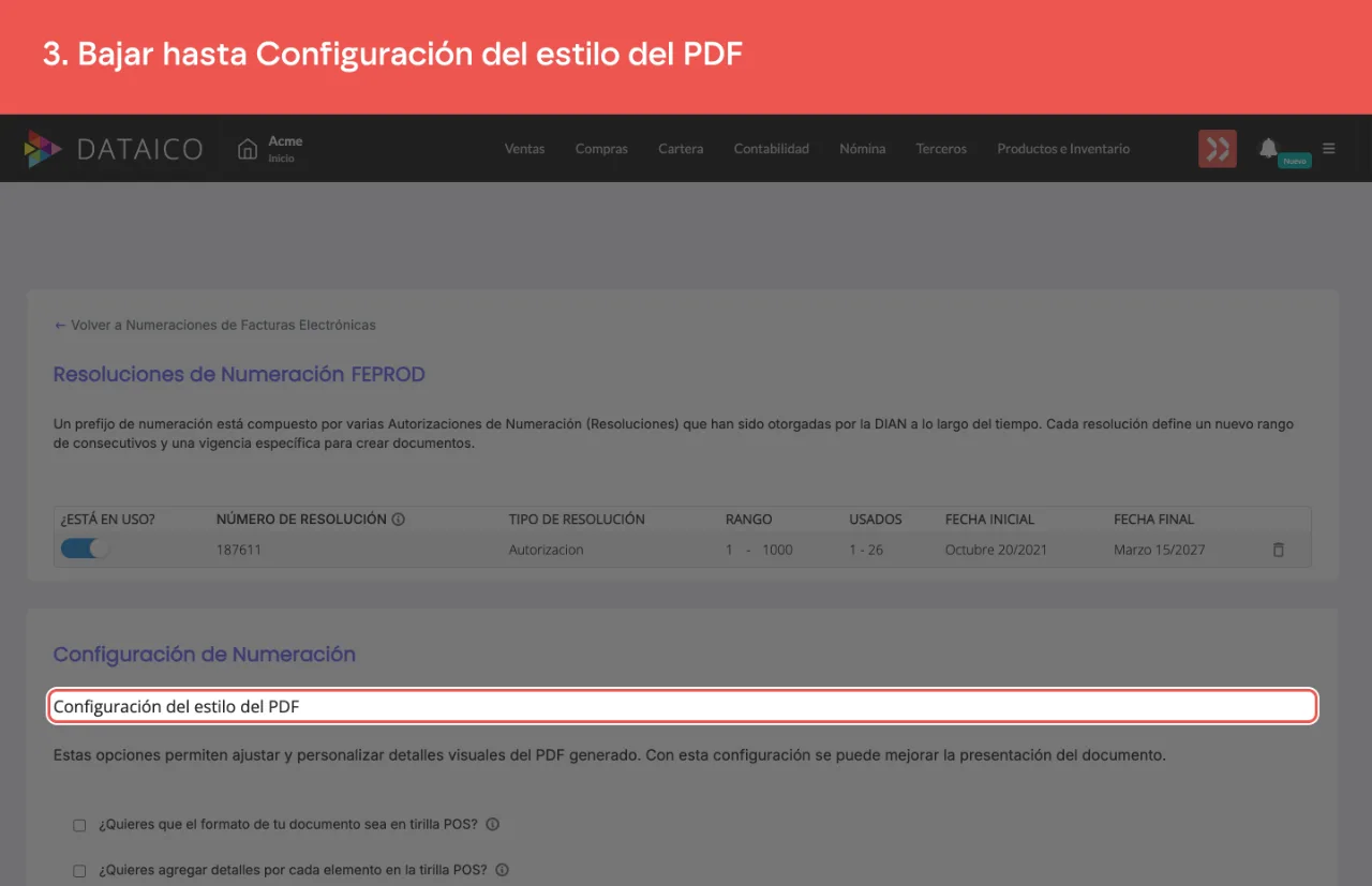 El encabezado de la sección Configuración del estilo del PDF