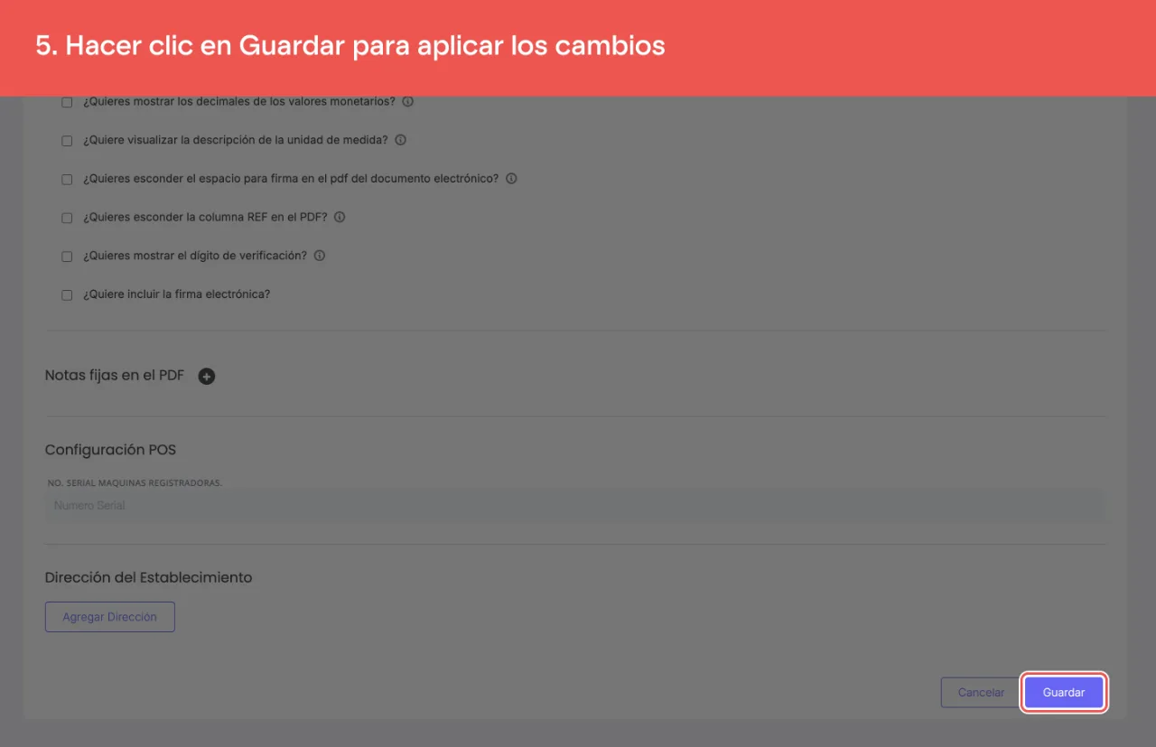 El botón Guardar de la configuración de la numeración