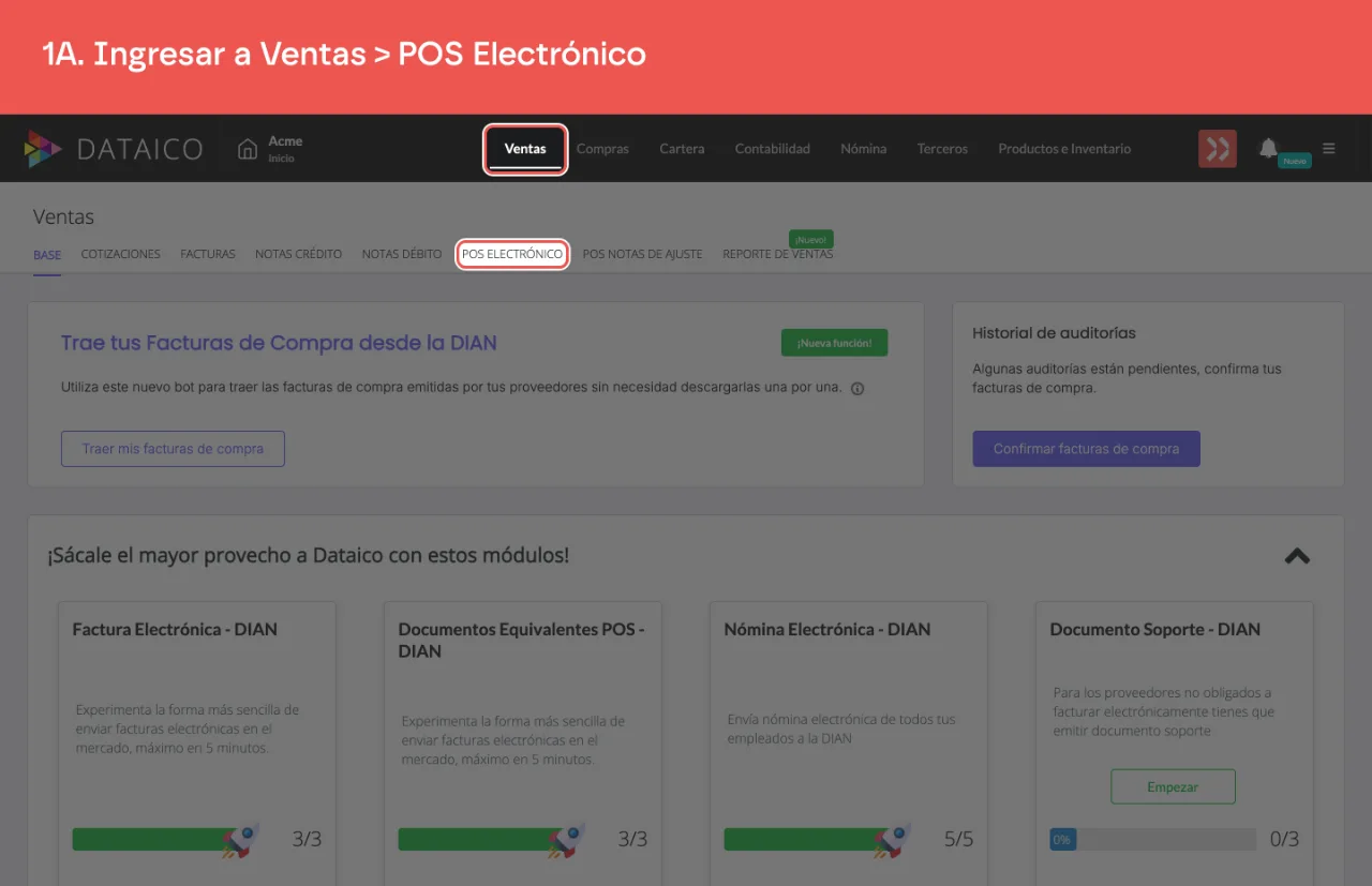 La pestaña Ventas del menú principal y la pestaña POS Electrónico