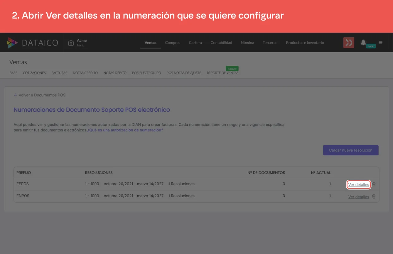 La acción Ver detalles de la numeración POS
