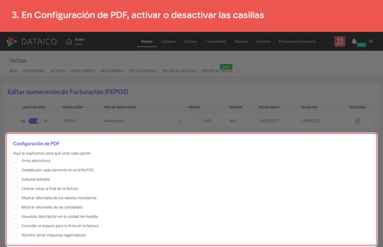 La sección Configuración de PDF, con las casillas de cada opción de la tirilla