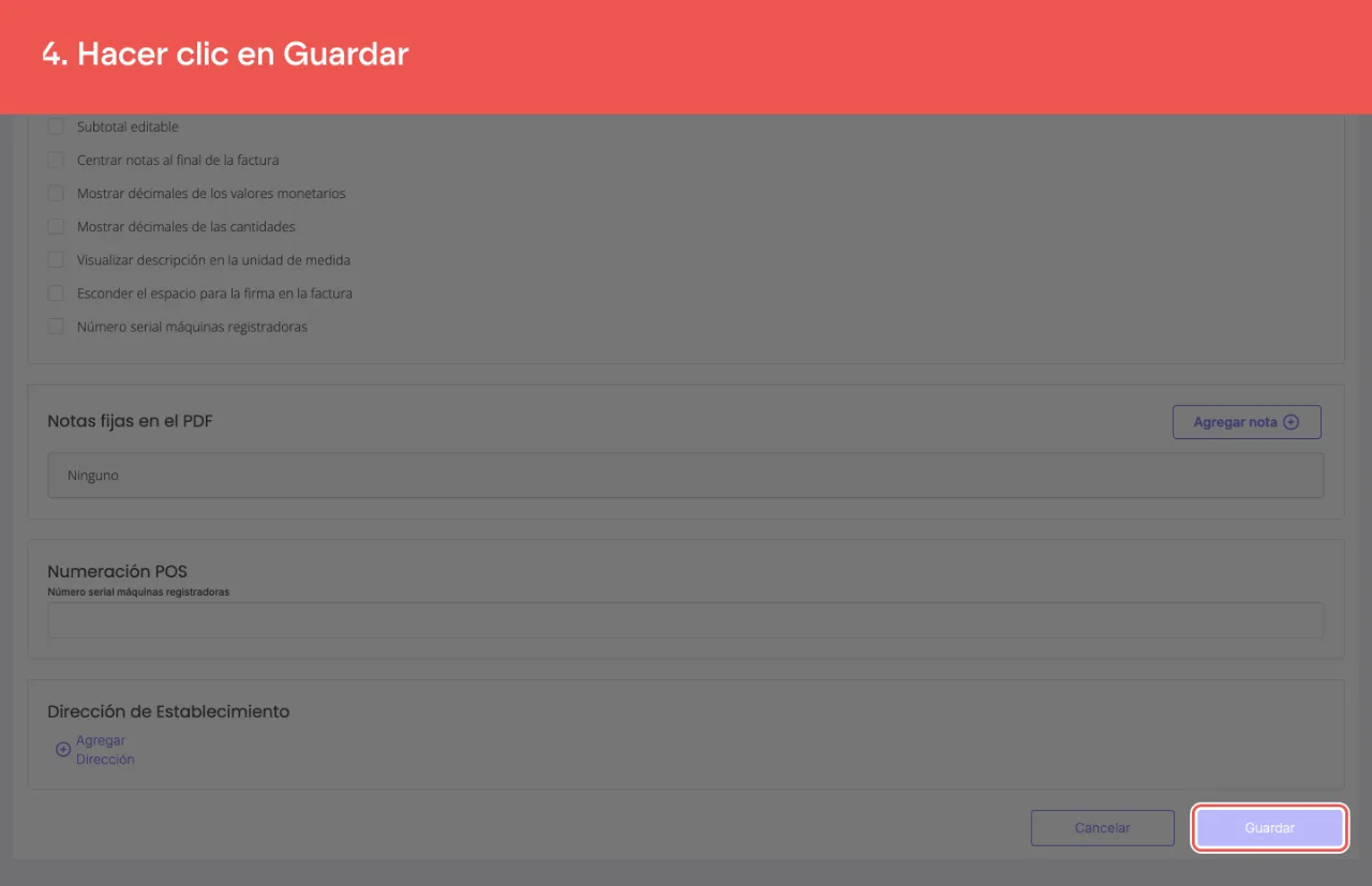 El botón Guardar de la configuración de la numeración POS