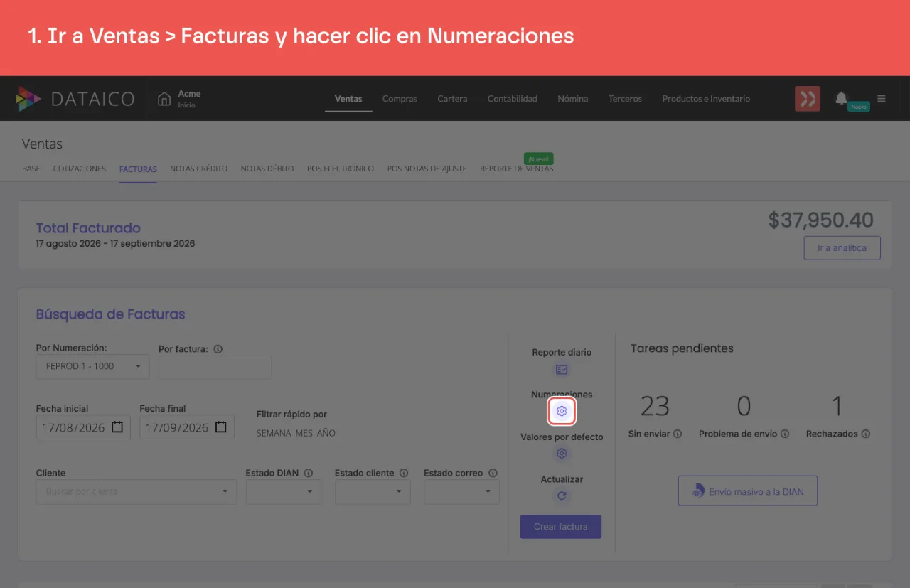 El ícono de tuerca de Numeraciones, en el panel derecho del listado