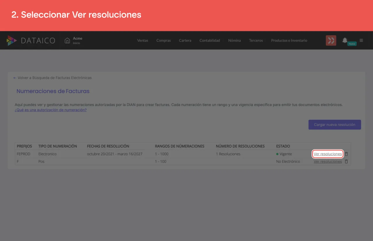 La acción Ver resoluciones de la numeración