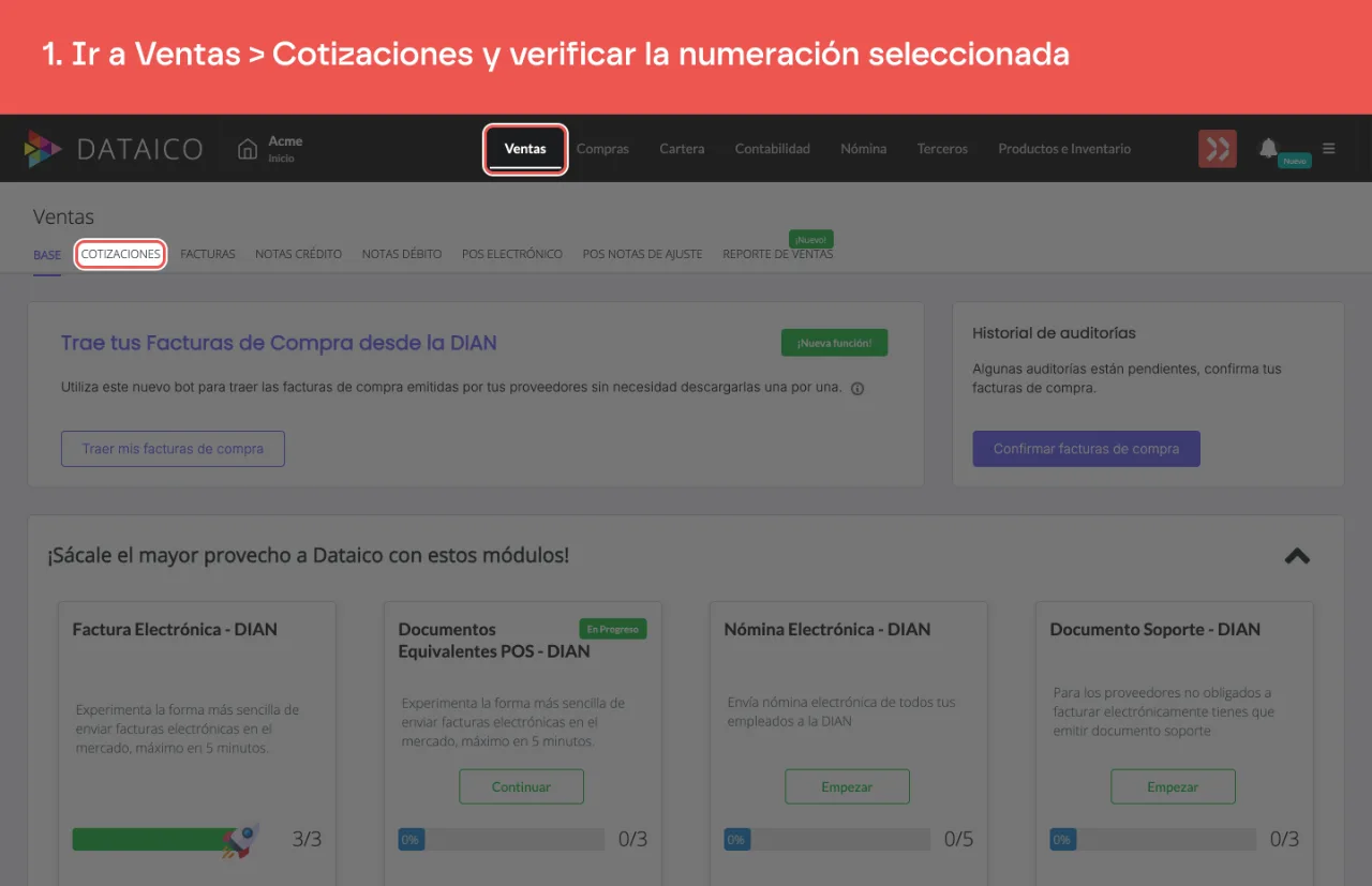La pestaña Ventas del menú principal y la pestaña Cotizaciones de la barra de secciones