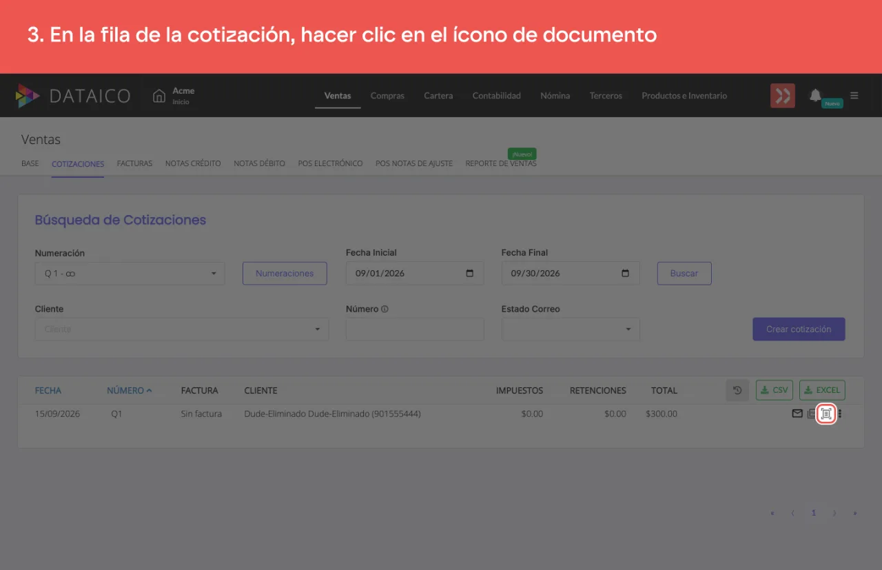 El ícono de hoja en la fila de la cotización, que abre la conversión a factura