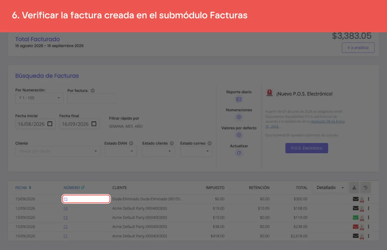 El listado de facturas, donde aparece la factura creada desde la cotización