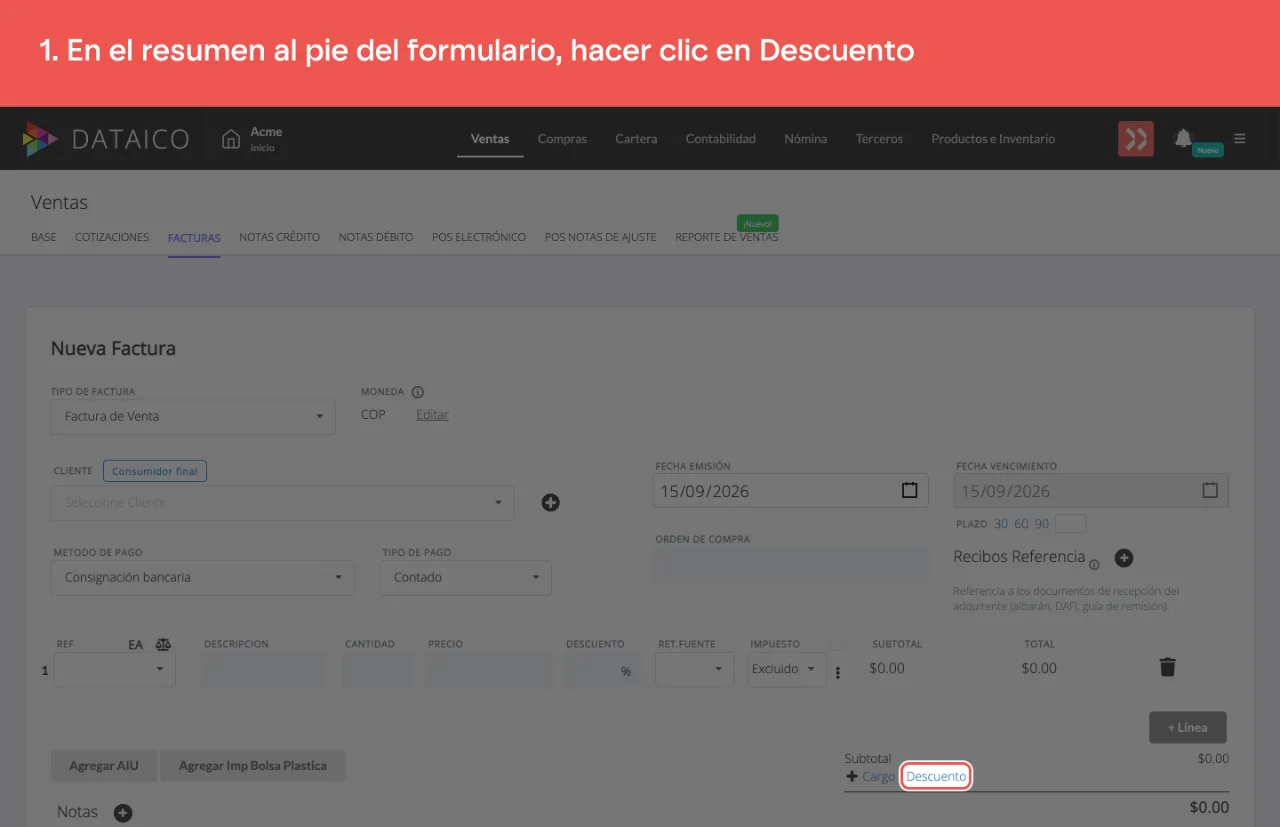 El control Descuento, en el resumen al pie del formulario de la factura