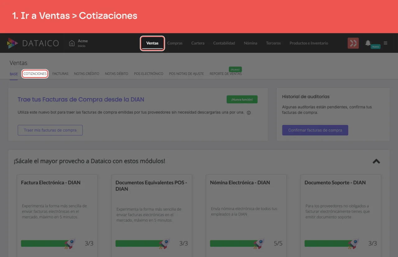 La pestaña Ventas del menú principal y la pestaña Cotizaciones de la barra de secciones