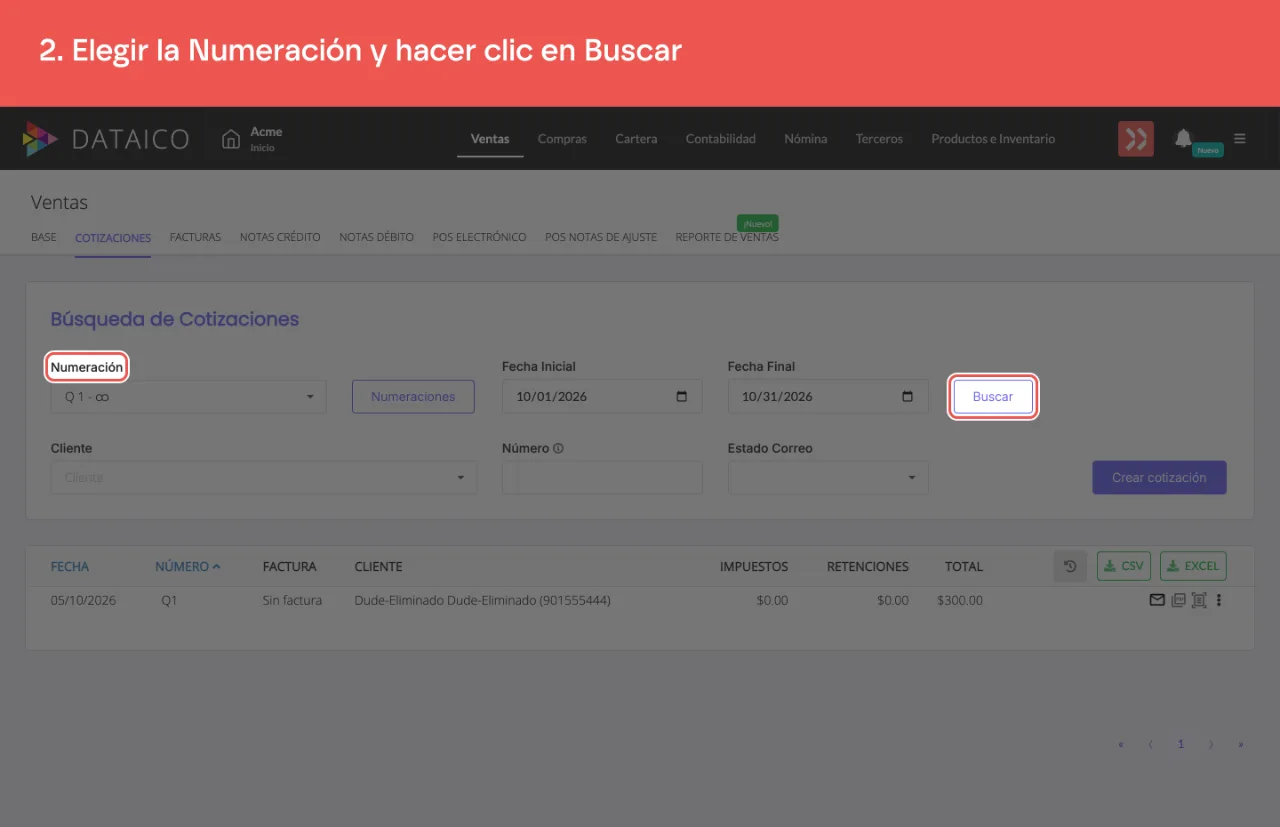 El selector Numeración y el botón Buscar de la Búsqueda de Cotizaciones