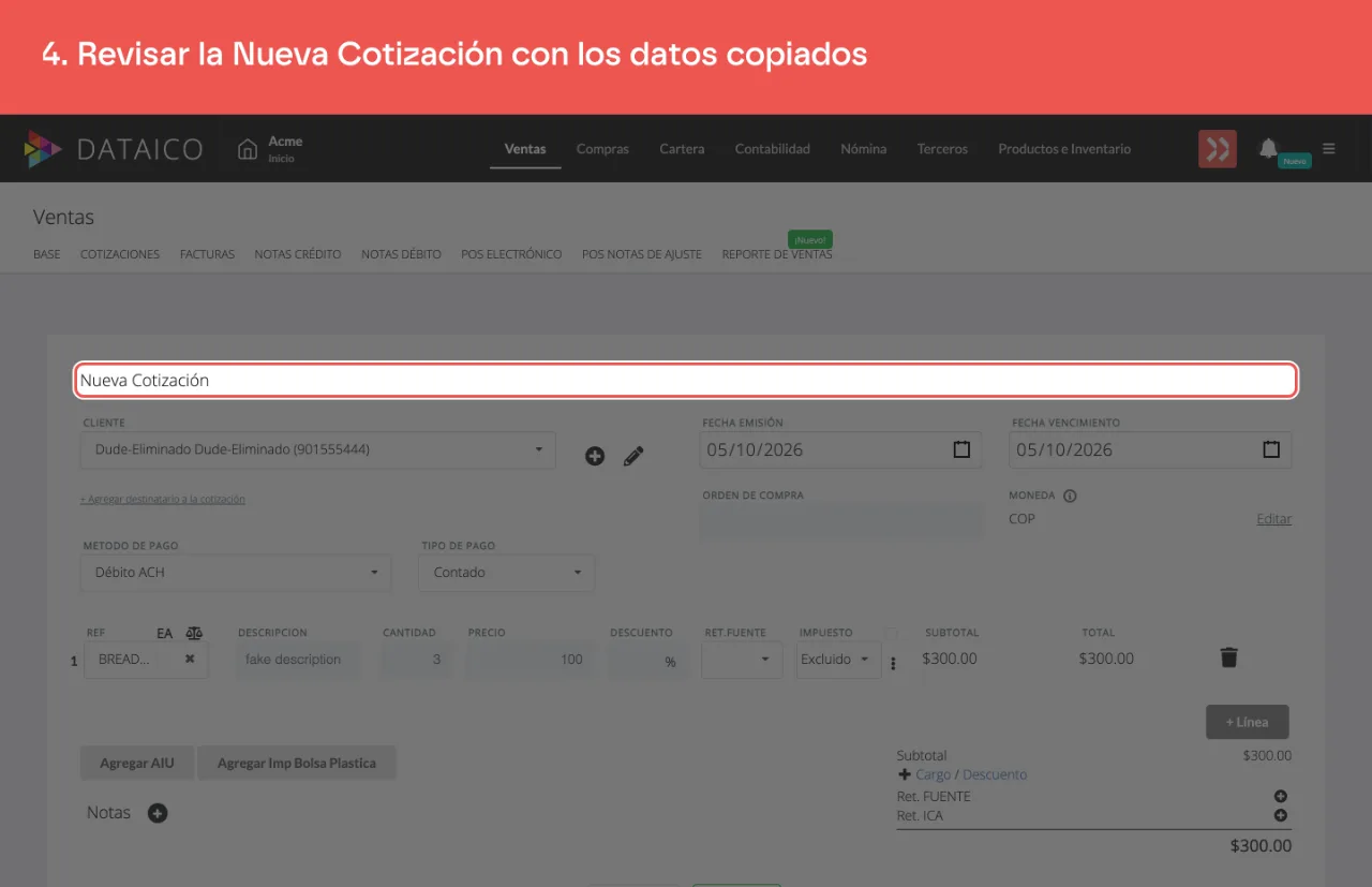 El formulario Nueva Cotización con los datos de la cotización original