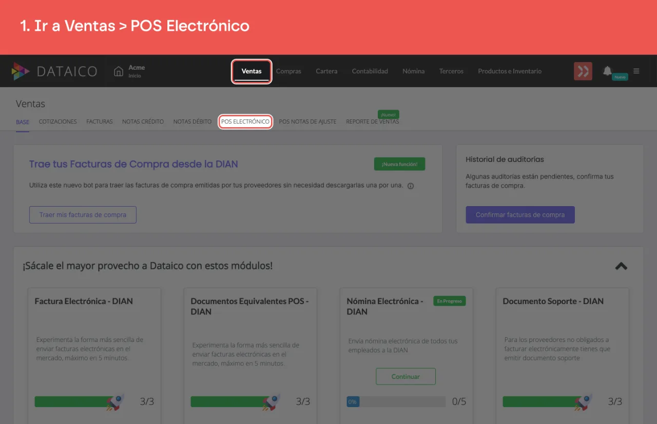 La pestaña Ventas del menú principal y la pestaña POS Electrónico