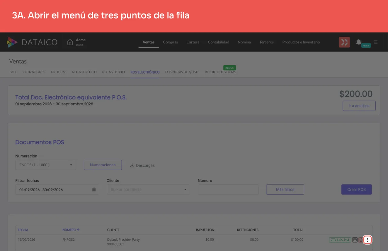 El menú de acciones del documento POS
