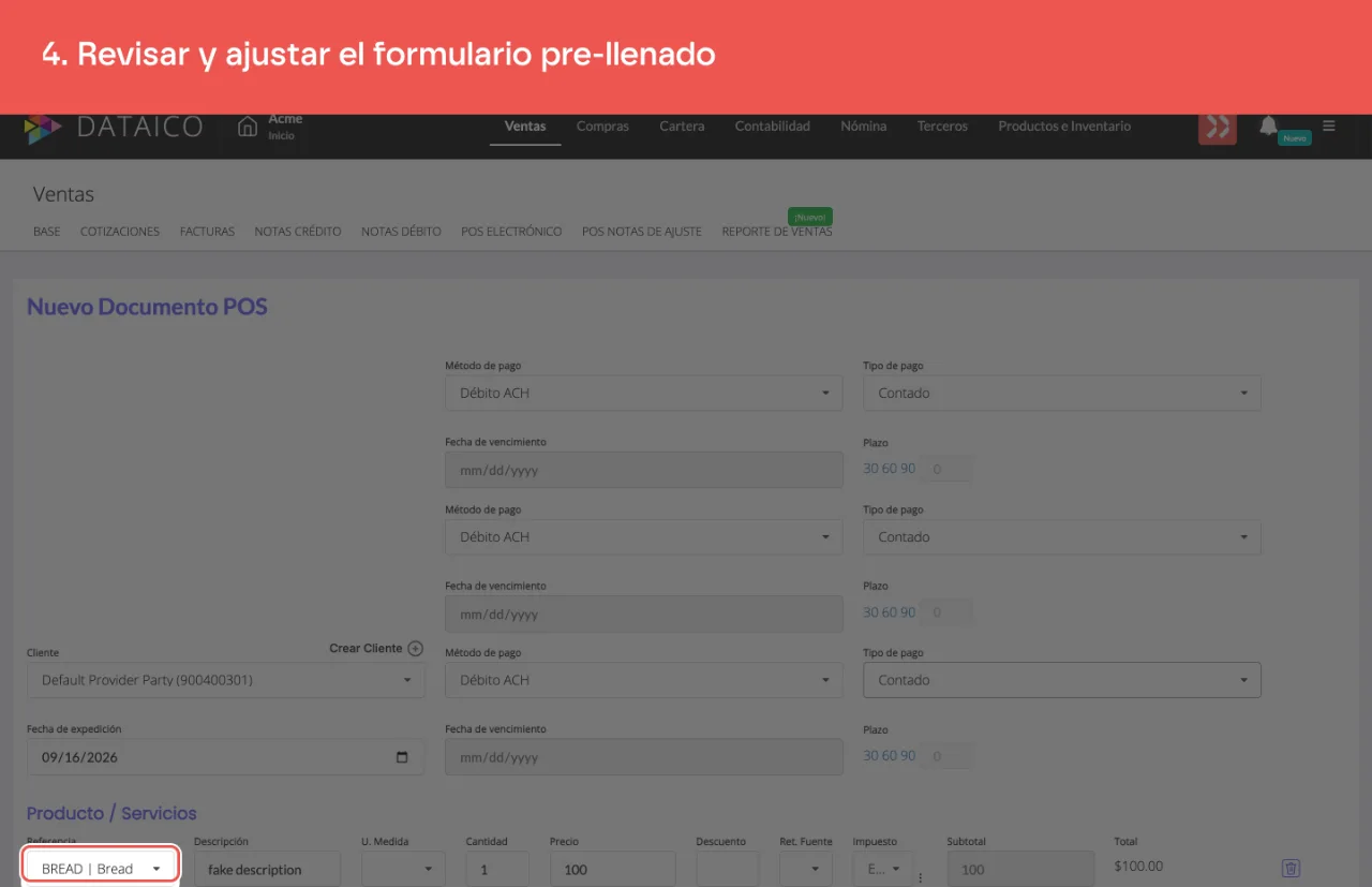 La copia del documento POS, con sus productos pre-llenados