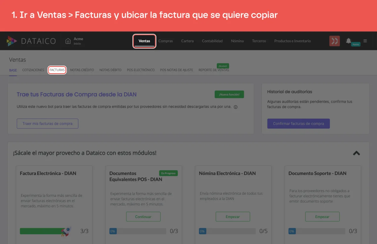 La pestaña Ventas del menú principal y la pestaña Facturas de la barra de secciones