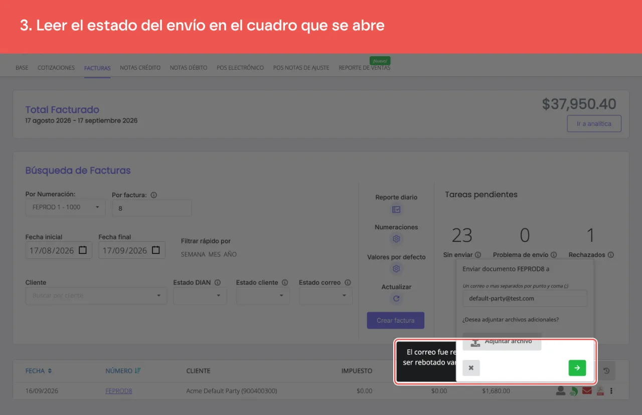 El cuadro con el estado del envío del correo de la factura
