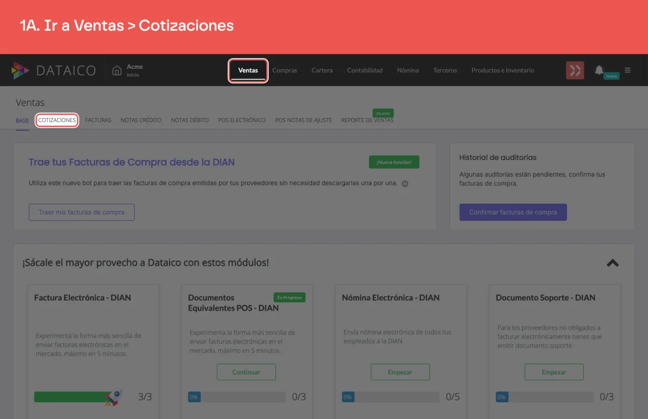 La pestaña Ventas del menú principal y la pestaña Cotizaciones de la barra de secciones