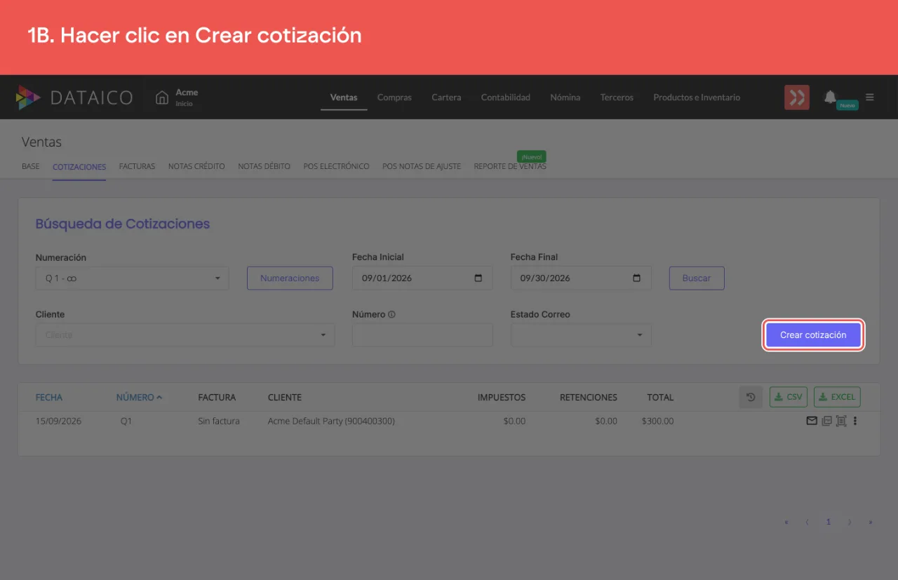 El botón Crear cotización, en el listado de cotizaciones