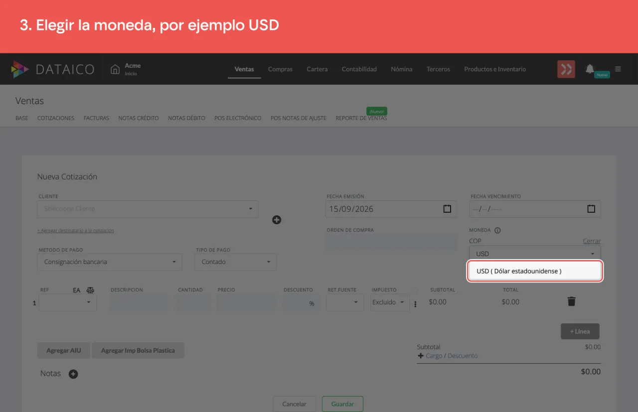La opción USD en el listado de monedas