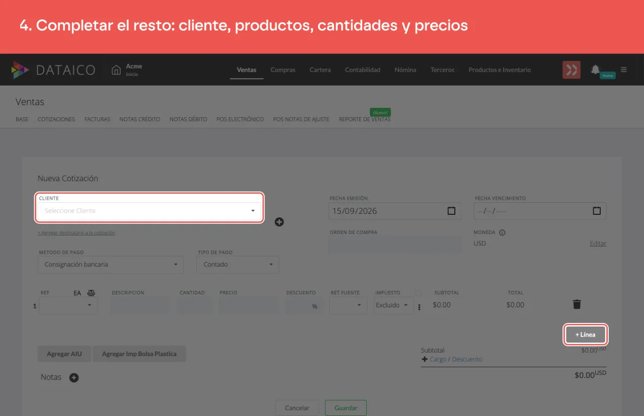 El cliente y el control que agrega ítems, en el formulario de la cotización