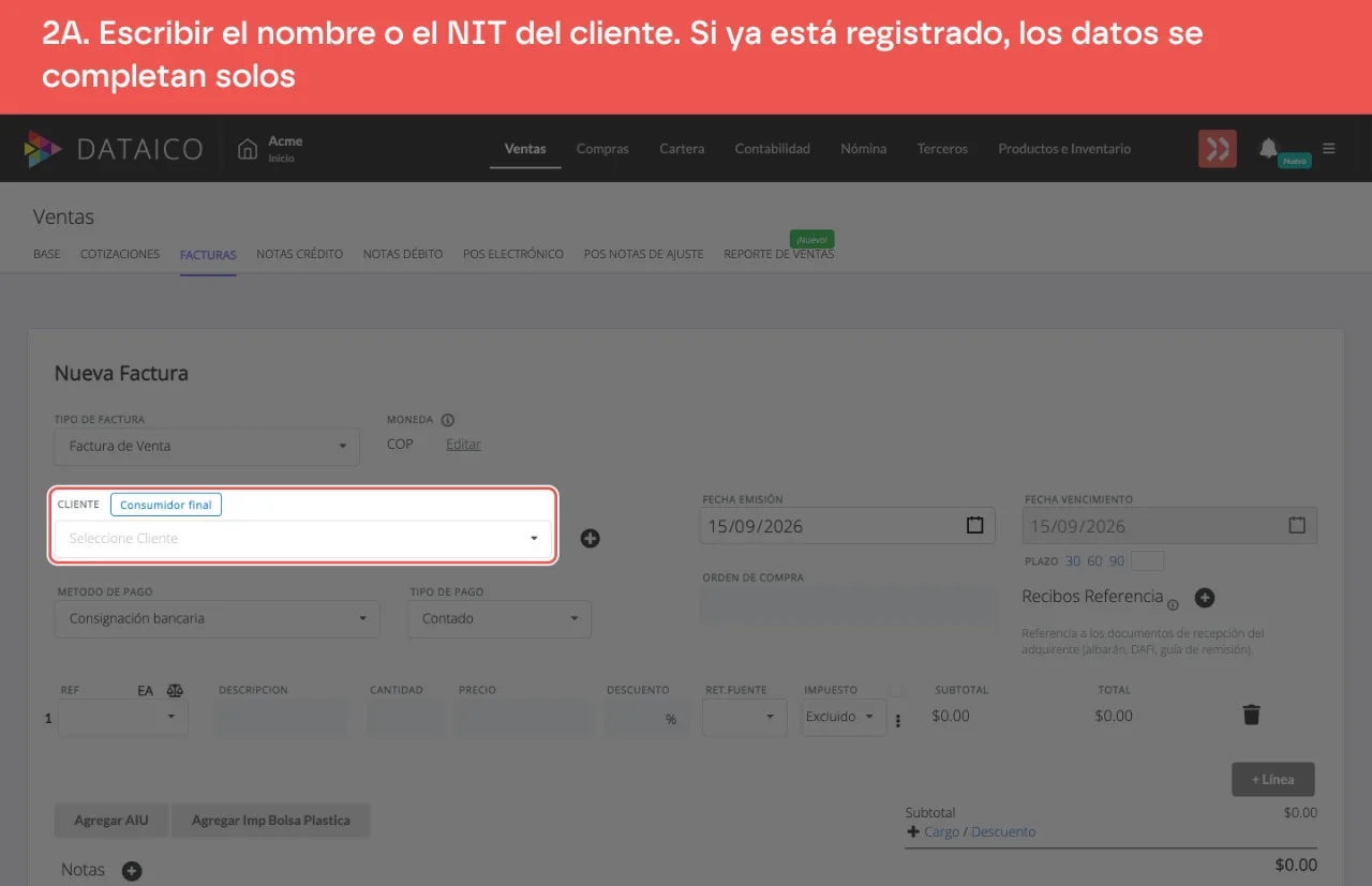 El campo de cliente del formulario de factura, con el nombre escrito y la lista de coincidencias abajo